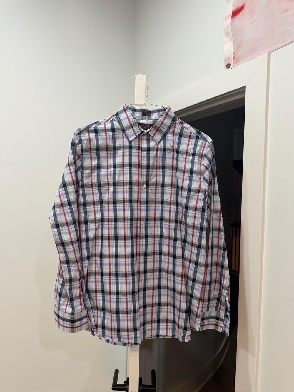 Men's White Plaid Dress Shirt with Blue and Red Windowpane